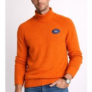 Men’s Lands’ End Orange Knit Sweater Large Denver Broncos Patch Cotton Crewneck